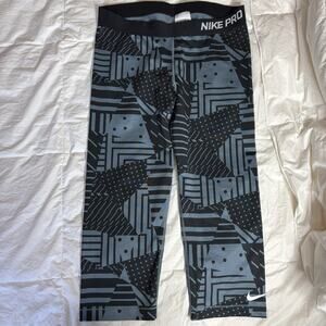Nike Pro Dri-Fit Capri Leggings Patchwork Geometric Print Grey Black Blue SZ XL